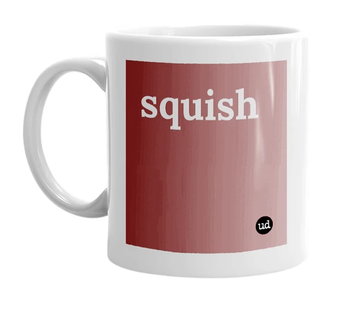 White mug with 'squish' in bold black letters