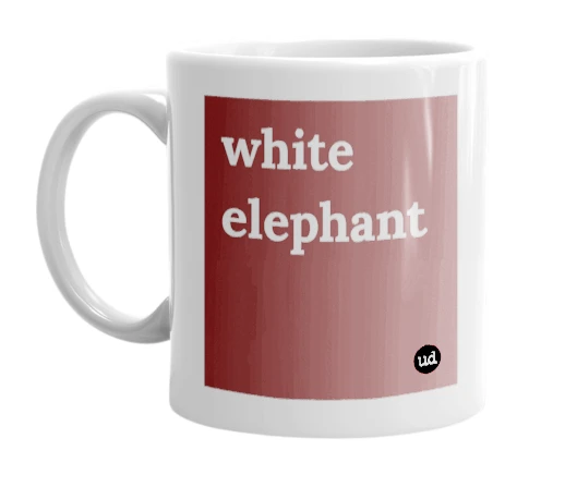 White mug with 'white elephant' in bold black letters