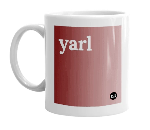 White mug with 'yarl' in bold black letters
