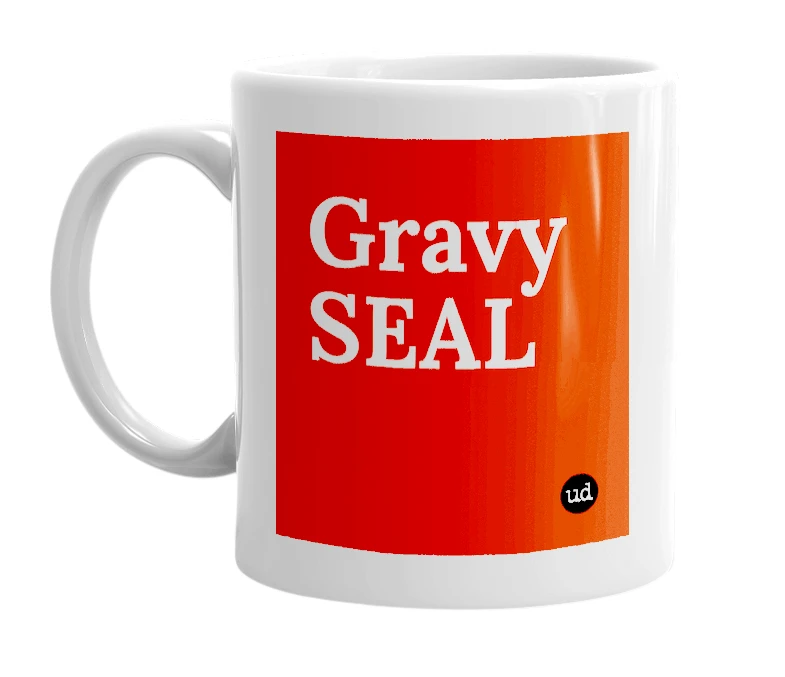 White mug with 'Gravy SEAL' in bold black letters