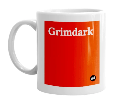 White mug with 'Grimdark' in bold black letters