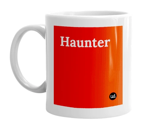White mug with 'Haunter' in bold black letters