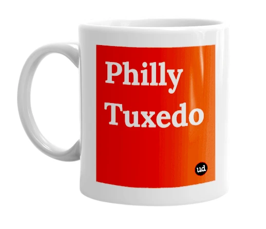 White mug with 'Philly Tuxedo' in bold black letters