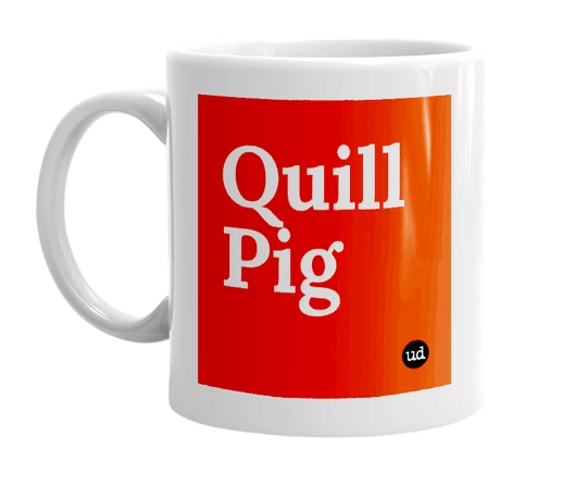 White mug with 'Quill Pig' in bold black letters