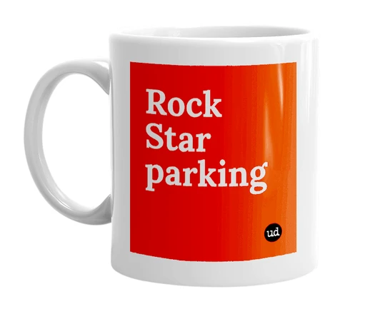 White mug with 'Rock Star parking' in bold black letters