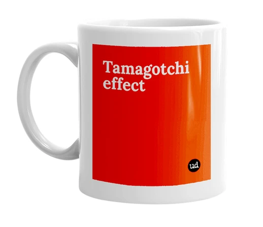 White mug with 'Tamagotchi effect' in bold black letters