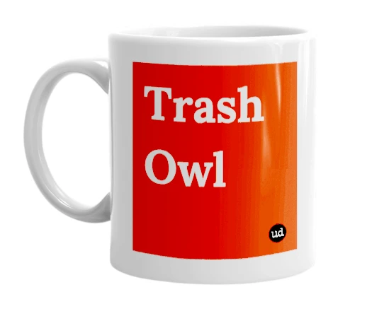 White mug with 'Trash Owl' in bold black letters