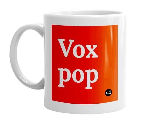 White mug with 'Vox pop' in bold black letters