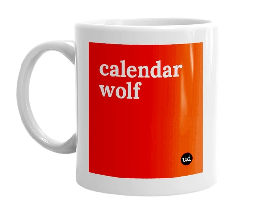 White mug with 'calendar wolf' in bold black letters