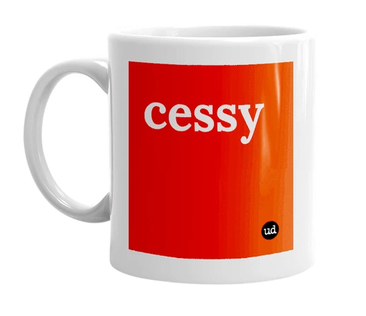 White mug with 'cessy' in bold black letters