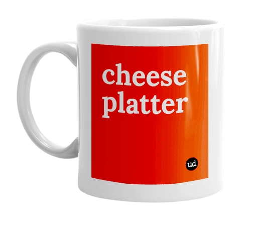 White mug with 'cheese platter' in bold black letters