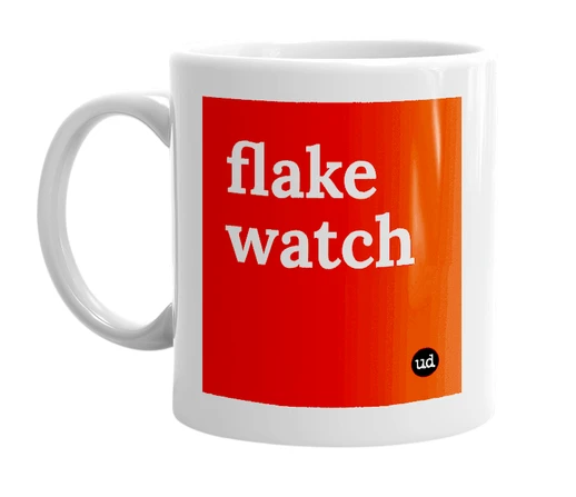 White mug with 'flake watch' in bold black letters