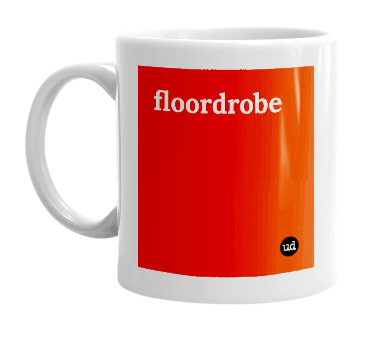 White mug with 'floordrobe' in bold black letters