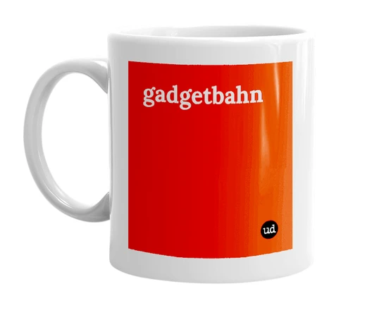 White mug with 'gadgetbahn' in bold black letters