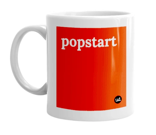 White mug with 'popstart' in bold black letters