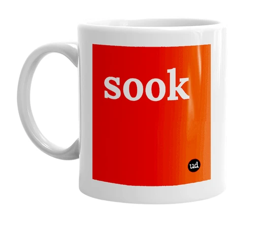 White mug with 'sook' in bold black letters