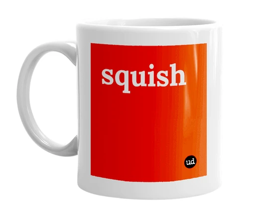 White mug with 'squish' in bold black letters