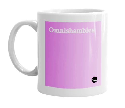 White mug with 'Omnishambles' in bold black letters