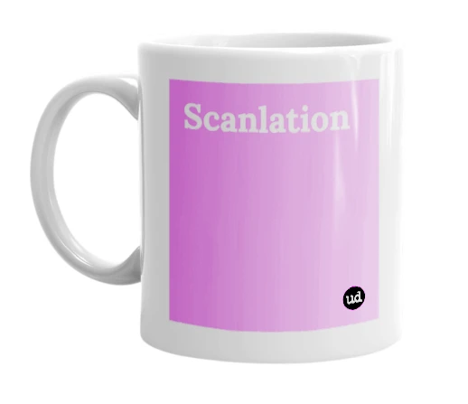 White mug with 'Scanlation' in bold black letters