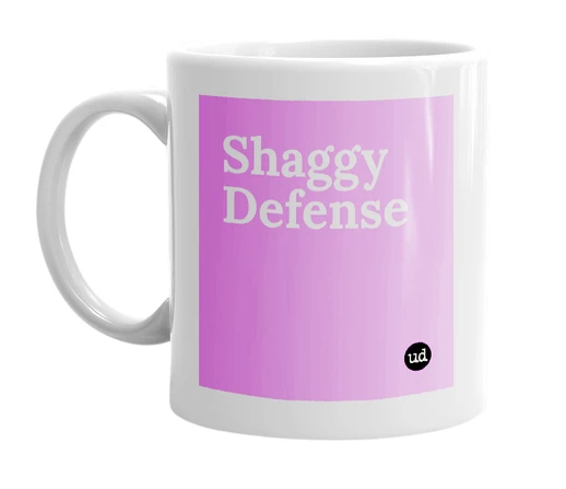 White mug with 'Shaggy Defense' in bold black letters