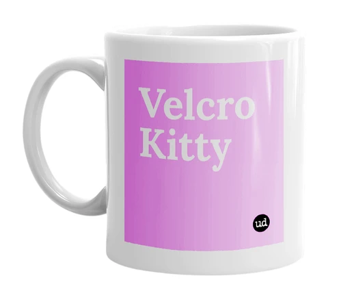 White mug with 'Velcro Kitty' in bold black letters