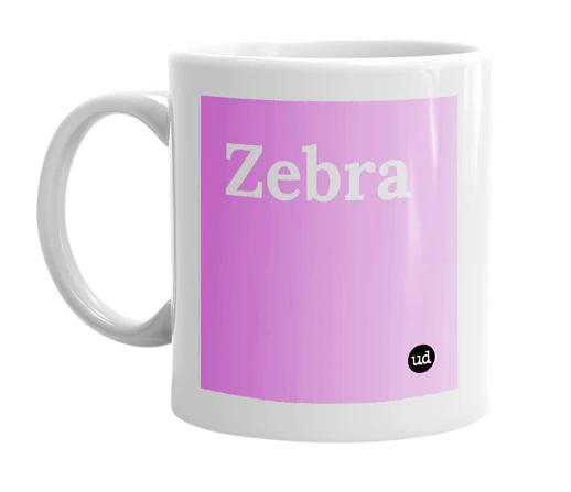 White mug with 'Zebra' in bold black letters