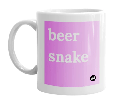White mug with 'beer snake' in bold black letters