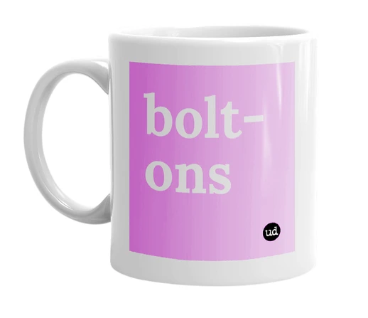 White mug with 'bolt-ons' in bold black letters