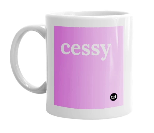 White mug with 'cessy' in bold black letters