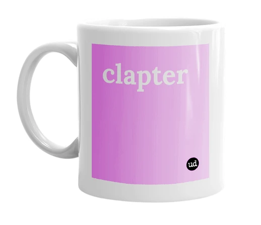 White mug with 'clapter' in bold black letters