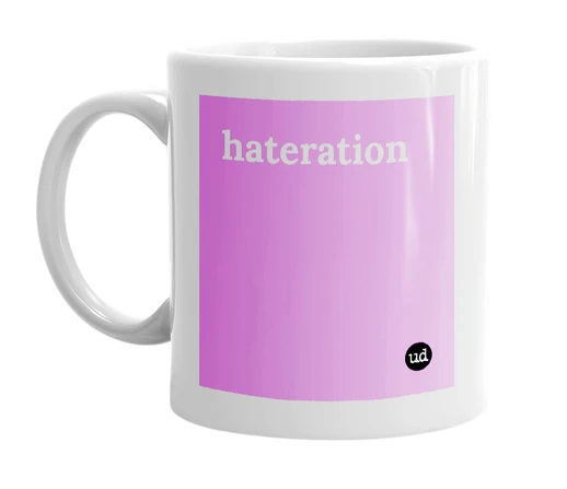 White mug with 'hateration' in bold black letters