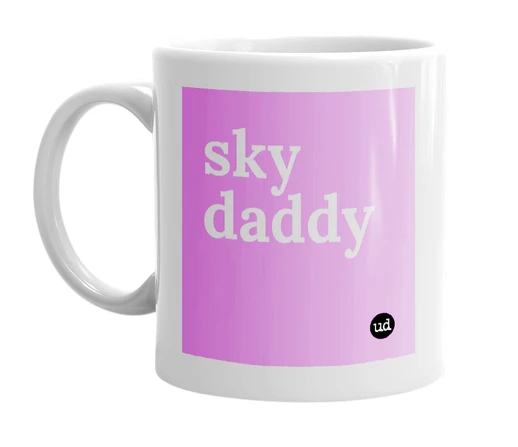 White mug with 'sky daddy' in bold black letters