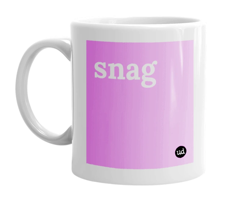 White mug with 'snag' in bold black letters
