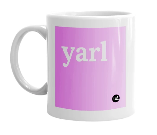 White mug with 'yarl' in bold black letters