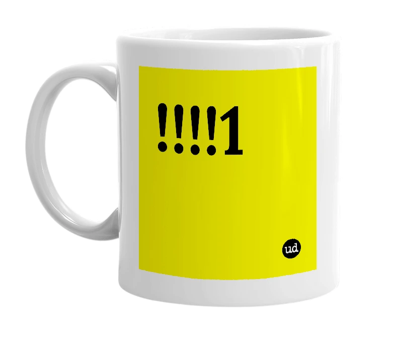 White mug with '!!!!1' in bold black letters