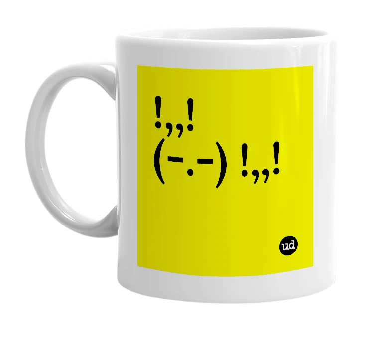 White mug with '!,,! (-.-) !,,!' in bold black letters