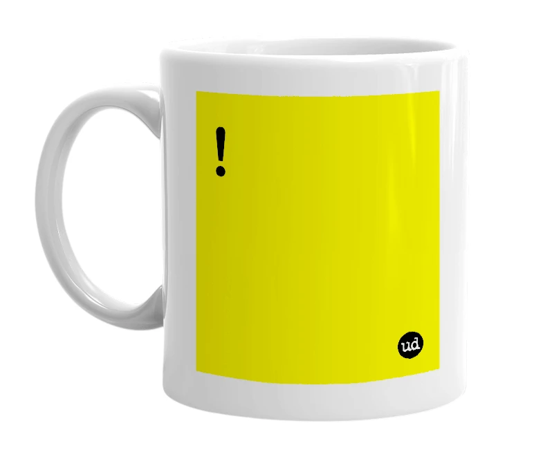 White mug with '!' in bold black letters