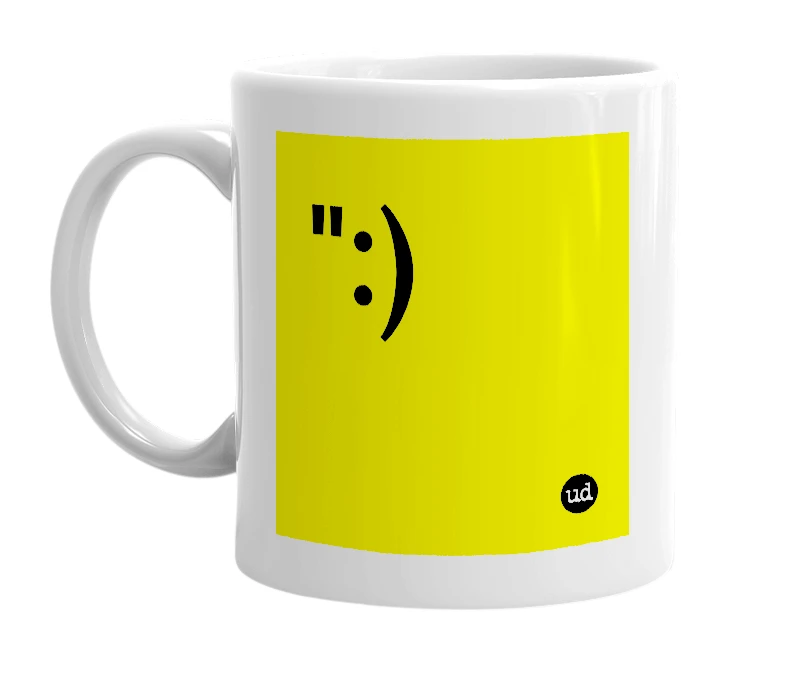 White mug with '":)' in bold black letters