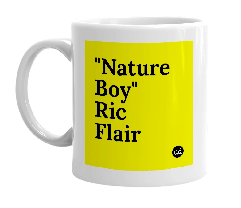 White mug with '"Nature Boy" Ric Flair' in bold black letters