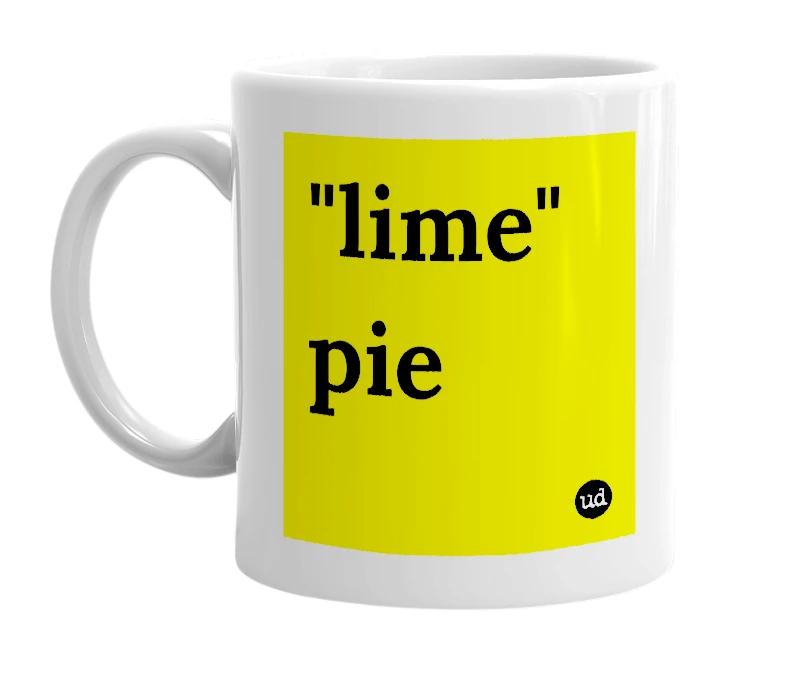 White mug with '"lime" pie' in bold black letters