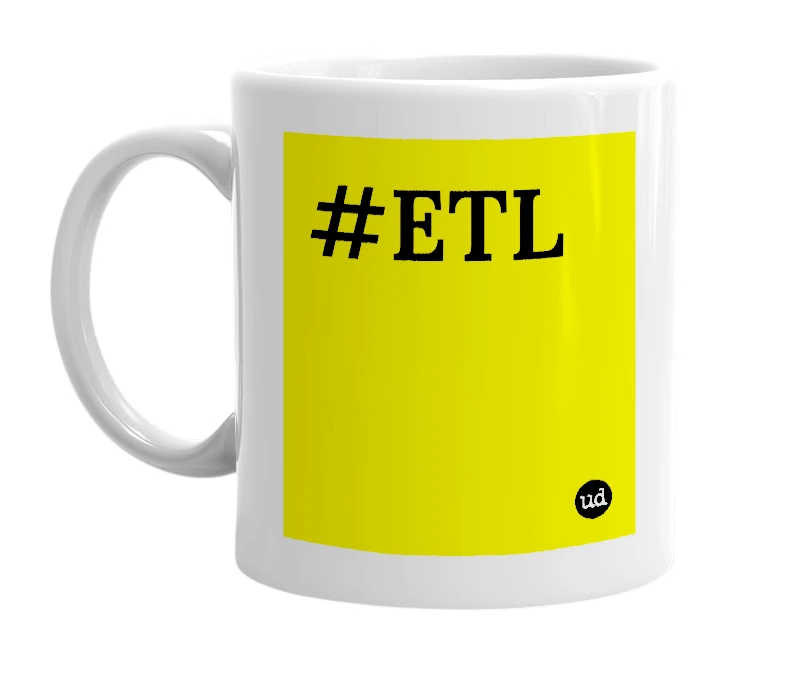 White mug with '#ETL' in bold black letters