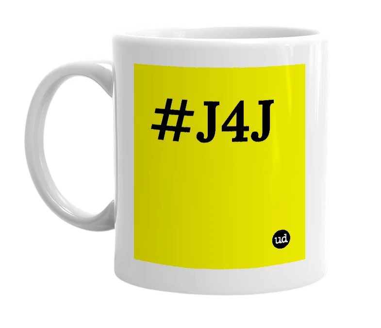 White mug with '#J4J' in bold black letters