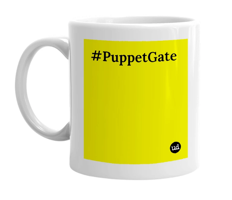 White mug with '#PuppetGate' in bold black letters