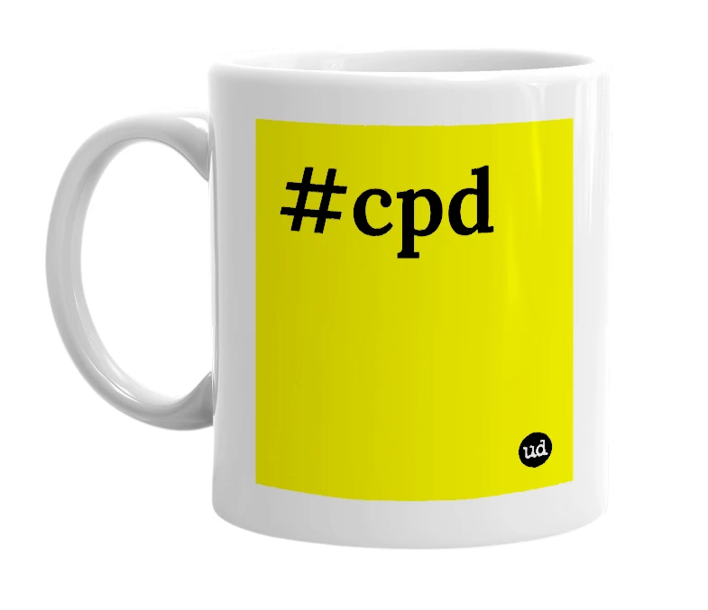 White mug with '#cpd' in bold black letters
