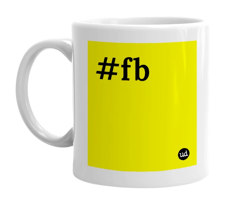 White mug with '#fb' in bold black letters