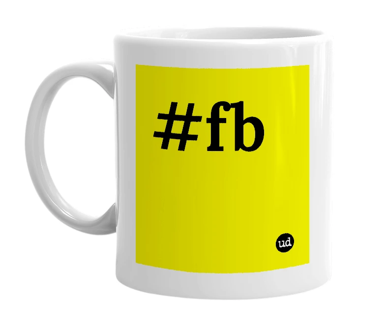 White mug with '#fb' in bold black letters