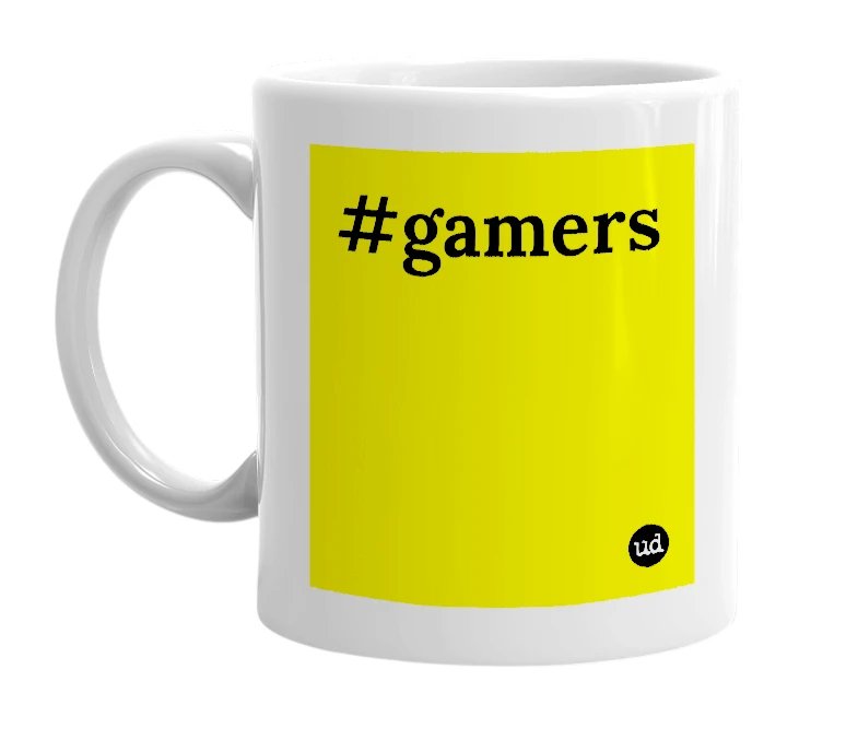 White mug with '#gamers' in bold black letters