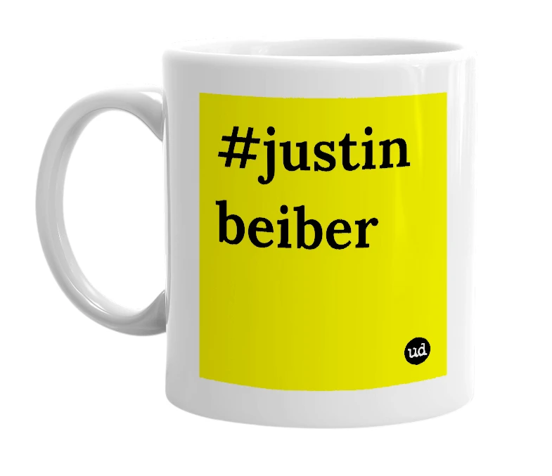 White mug with '#justin beiber' in bold black letters