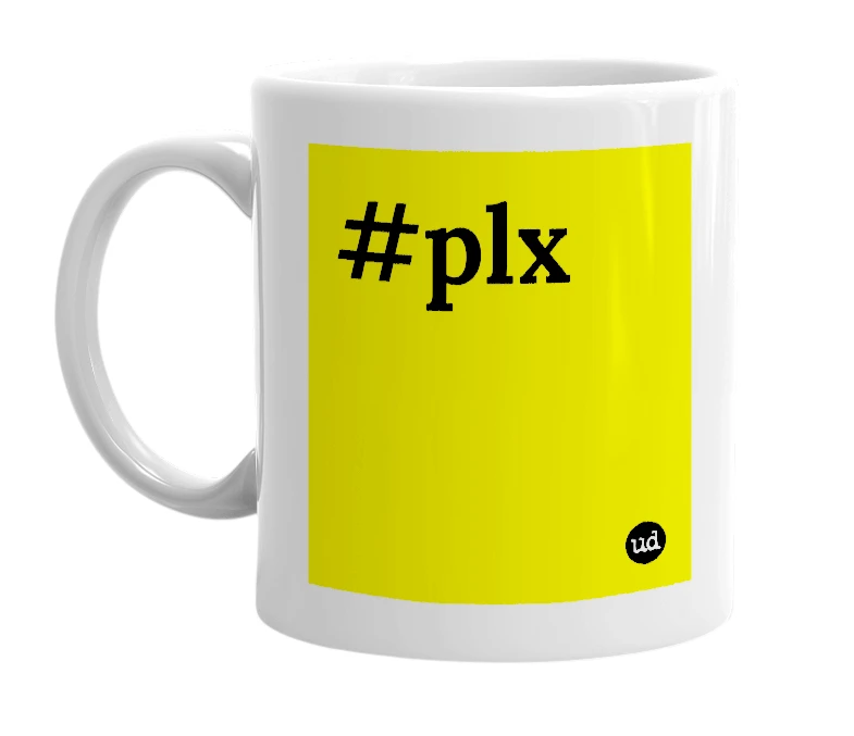 White mug with '#plx' in bold black letters