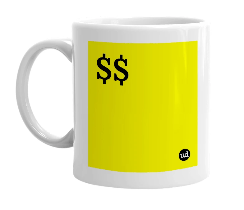 White mug with '$$' in bold black letters